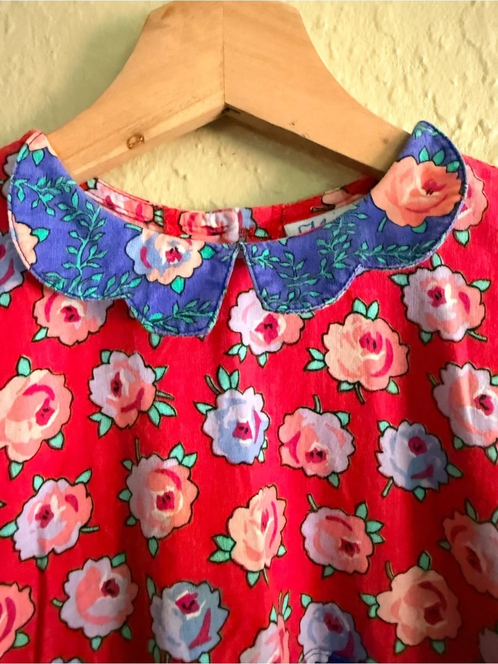 Girls Pink Floral Vintage Dress with Blue Trim